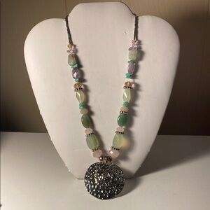 Elegant Multi-Color Beaded Necklace with Silver Pendant